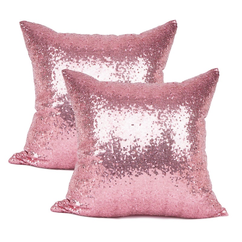 YOUR SMILE Pack of 2 New Luxury Series Pink Bling Decorative Glitzy Sequin & Comfy Satin Solid Throw Pillow Cover Cushion Case for Wedding/Christmas,18" x 18" - Image 1